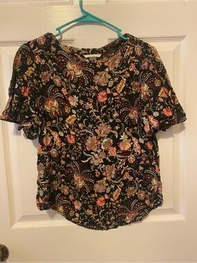 H&M Black Floral Short Sleeve Blouse with Pink and Coral Blooms